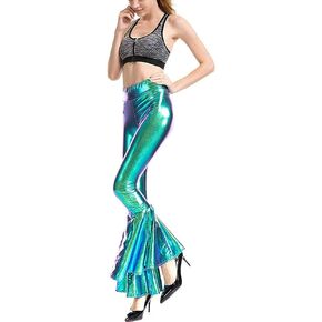 Women Flare Shiny Leggings Metallic Mermaid Stretchy Ruffle Bell Bottom Pants for Women Disco High Waist Legging (Blue, Large)