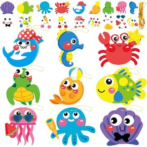 27 Sets Summer Under The Sea Craft Kits Kids DIY Ocean Sea Animal Craft Preschool Art Craft Project, Make Your Own Ocean Animal Bulk Set for Home Classroom Day-Care Game Activities