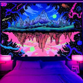 Invoibler Blacklight Mountain نسيج النجوم المفروشات كوكب الفضاء نسيج الشمس غروب الشمس نسيج شجرة الغابات نسيج المناظر الطبيعية نسيج الجدار شنقا لغرفة النوم (51.2 × 59.1 بوصة) in Kuwait