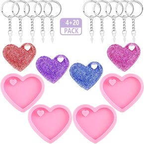 4 Pieces Heart Shape Resin Silicone Keychain Molds Easter Valentine's Day Molds Love Keychain Gift Silicone Fondant Molds with 20 Pieces Key Rings for DIY Keychain Decoration, Homemade Dessert
