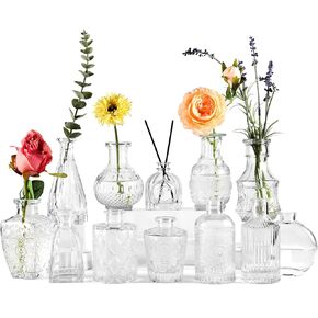 BIGIVACA Small Glass Bud Vases Set of 12,Mini Clear Bud Vases in Bulk,Small Flower Vases for Centerpieces,Vintage Embossed Style Glass Bottles for Rustic Wedding,Home,Table Decor