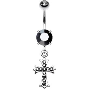 Pierced Owl 14GA Stainless Steel CZ Crystal Paved Cross Dangling Belly Button Ring