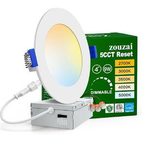 6 عبوات 4 بوصات 5CCT رفيعة جدًا من مصابيح السقف LED مع صندوق وصلات، 2700K/3000K/3500K/4000K/5000K قابلة للاختيار، 9W Eqv 80W، قابلة للتعتيم، مصابيح LED - معتمدة من ETL وEnergy Star