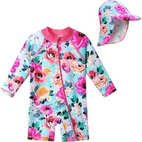 Toddler Girls One Piece Rash Guard Swimsuit Kid Swimwear Sun Suit Short UPF 50+ Sun Protection with Sun Hat