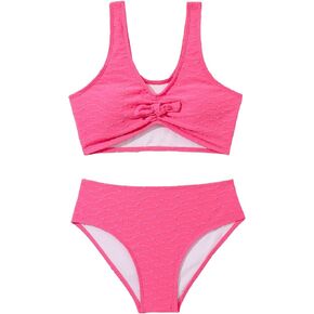 OYOANGLE Girl's 2 Piece Bikini Swimsuit Textured Scoop Neck Twist Front Bathing Suits Swimwear