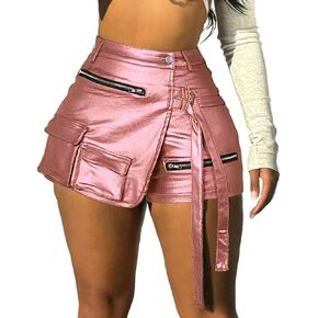 Vakkest Women's Satin Cargo Shorts Summer Casual High Waist Wide Leg Y2K Streetwear Midi Shorts with Pockets Lightweight