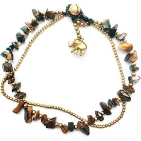 Handmade Brown Jasper Stone Elephant Charm Brass Beads Anklet Bracelet 10 Inches
