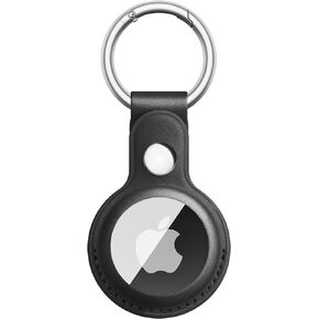 Air Tag Keychain for Apple Airtags Holder, Leather Protective Case Airtag Tracker Cover with Key Ring Compatible AirTag Dog Collar (Black+Black)