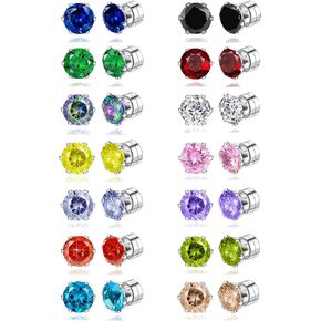 14 Pairs Magnetic Stud Earrings Multicolor Cubic Zirconia Clip on Earrings Set Non-Piercing Fake Earring Jewelry for Women Men 4MM 6MM