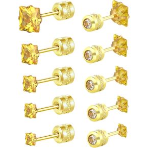 5 Pairs Titanium Screw Back Earrings for Women Men, Hypoallergenic Princess Cut CZ Surgical Stainless Steel Stud Earrings for Sensitive Ears
