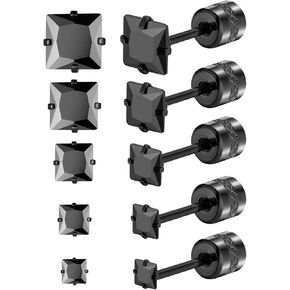 5 Pairs Titanium Screw Back Earrings for Women Men, Hypoallergenic Princess Cut CZ Surgical Stainless Steel Stud Earrings for Sensitive Ears