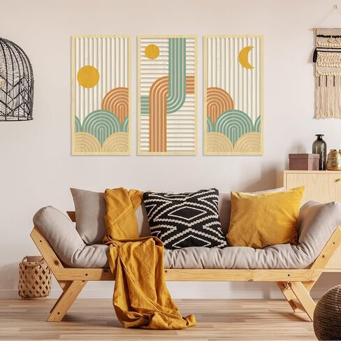 لوحة فنية جدارية خشبية من FWIEXA Boho 3 قطع (16 بوصة × 32 بوصة)، ديكور حائط حديث في منتصف القرن، لوحة فنية جدارية تجريدية صفراء لغرفة المعيشة وغرفة النوم والمكتب in Kuwait