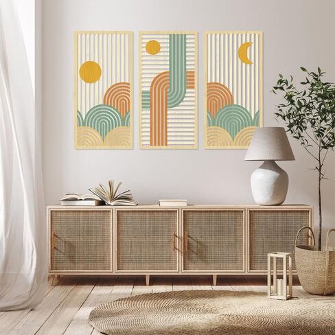 لوحة فنية جدارية خشبية من FWIEXA Boho 3 قطع (16 بوصة × 32 بوصة)، ديكور حائط حديث في منتصف القرن، لوحة فنية جدارية تجريدية صفراء لغرفة المعيشة وغرفة النوم والمكتب in Kuwait