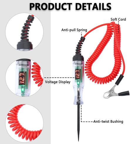 Car Voltage Tester Pen with Alligator Clip,DC 3-48V Test Light Pen Digital LED Circuit Tester with Prolong Spring Cable,Universal Car Fuse Tester Automotive Electrical Tools (Black) in Saudi Arabia