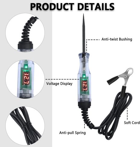 Car Voltage Tester Pen with Alligator Clip,DC 3-48V Test Light Pen Digital LED Circuit Tester with Prolong Spring Cable,Universal Car Fuse Tester Automotive Electrical Tools (Black) in Saudi Arabia
