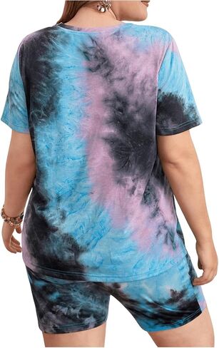 SOLY HUX Women's Plus Size Tie Dye Short Sets Two Piece Outfits Summer Casual Short Sleeve T Shirts Shorts Set in Saudi Arabia