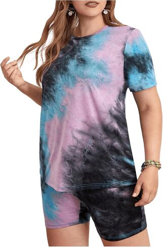 SOLY HUX Women's Plus Size Tie Dye Short Sets Two Piece Outfits Summer Casual Short Sleeve T Shirts Shorts Set in Saudi Arabia