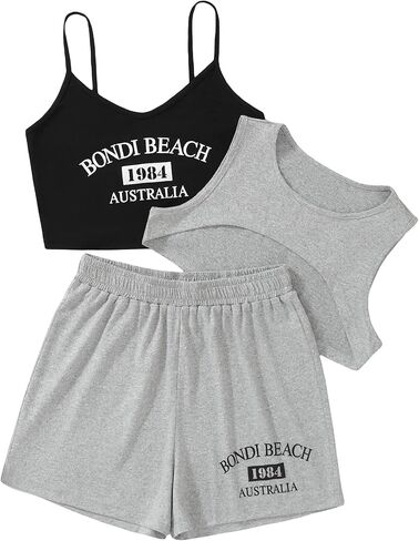 Verdusa Women's 3 Piece Tracksuit Letter Print Cami Top Crop Tank and Shorts Sets in Saudi Arabia