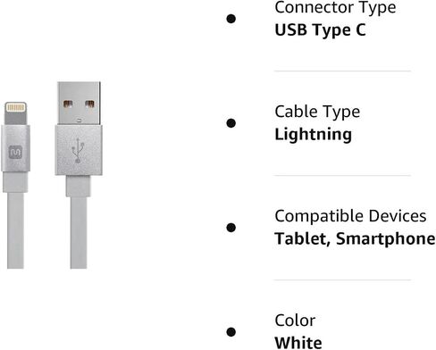 Monoprice Apple MFi Certified Flat Lightning to USB Type-C Rapid Charge and Sync Cable - Tangle Resistant, Aluminum Connectors, 18 Watt PD, 6 Feet, White in Saudi Arabia