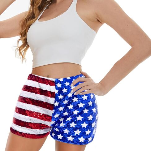 شورت نسائي مطرز بالترتر، شورت الرابع من يوليو، شورت نسائي بنجوم وخطوط، شورت عالي الخصر مزين بالترتر in Kuwait