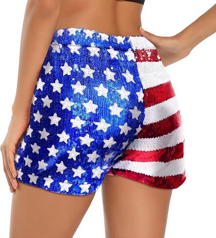 شورت نسائي مطرز بالترتر، شورت الرابع من يوليو، شورت نسائي بنجوم وخطوط، شورت عالي الخصر مزين بالترتر in Kuwait