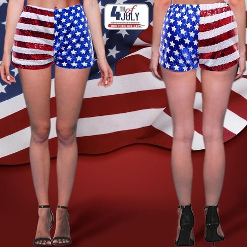شورت نسائي مطرز بالترتر، شورت الرابع من يوليو، شورت نسائي بنجوم وخطوط، شورت عالي الخصر مزين بالترتر in Kuwait