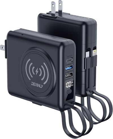 شاحن محمول مع قابس حائط تيار متردد وكابلات مدمجة بقدرة 10000 مللي أمبير في الساعة 5 في 1 USB C مع شاحن لاسلكي 6 مخارج حزمة طاقة مزدوجة المدخلات لشحن هواتف Samsung iPhone Android (أسود) in Saudi Arabia