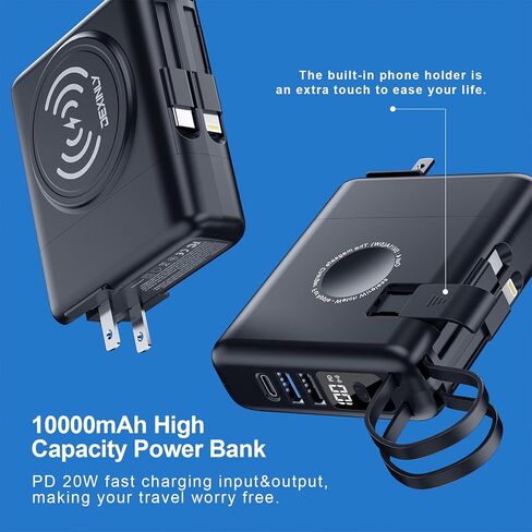 شاحن محمول مع قابس حائط تيار متردد وكابلات مدمجة بقدرة 10000 مللي أمبير في الساعة 5 في 1 USB C مع شاحن لاسلكي 6 مخارج حزمة طاقة مزدوجة المدخلات لشحن هواتف Samsung iPhone Android (أسود) in Saudi Arabia