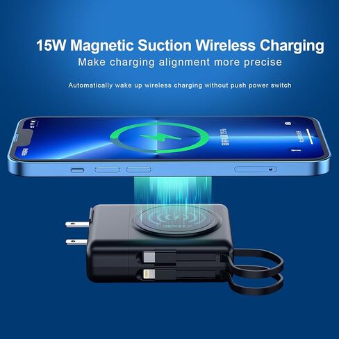 شاحن محمول مع قابس حائط تيار متردد وكابلات مدمجة بقدرة 10000 مللي أمبير في الساعة 5 في 1 USB C مع شاحن لاسلكي 6 مخارج حزمة طاقة مزدوجة المدخلات لشحن هواتف Samsung iPhone Android (أسود) in Saudi Arabia