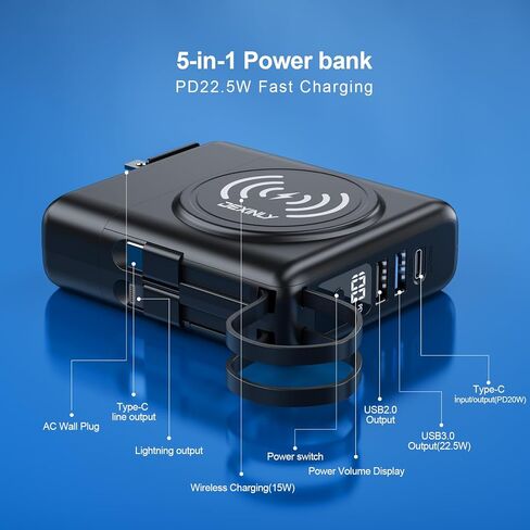 شاحن محمول مع قابس حائط تيار متردد وكابلات مدمجة بقدرة 10000 مللي أمبير في الساعة 5 في 1 USB C مع شاحن لاسلكي 6 مخارج حزمة طاقة مزدوجة المدخلات لشحن هواتف Samsung iPhone Android (أسود) in Saudi Arabia