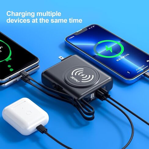 شاحن محمول مع قابس حائط تيار متردد وكابلات مدمجة بقدرة 10000 مللي أمبير في الساعة 5 في 1 USB C مع شاحن لاسلكي 6 مخارج حزمة طاقة مزدوجة المدخلات لشحن هواتف Samsung iPhone Android (أسود) in Saudi Arabia