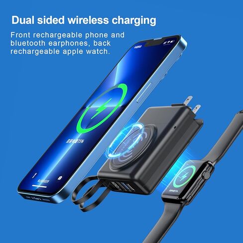 شاحن محمول مع قابس حائط تيار متردد وكابلات مدمجة بقدرة 10000 مللي أمبير في الساعة 5 في 1 USB C مع شاحن لاسلكي 6 مخارج حزمة طاقة مزدوجة المدخلات لشحن هواتف Samsung iPhone Android (أسود) in Saudi Arabia