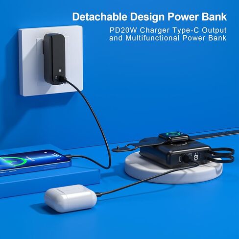 شاحن محمول مع قابس حائط تيار متردد وكابلات مدمجة بقدرة 10000 مللي أمبير في الساعة 5 في 1 USB C مع شاحن لاسلكي 6 مخارج حزمة طاقة مزدوجة المدخلات لشحن هواتف Samsung iPhone Android (أسود) in Saudi Arabia
