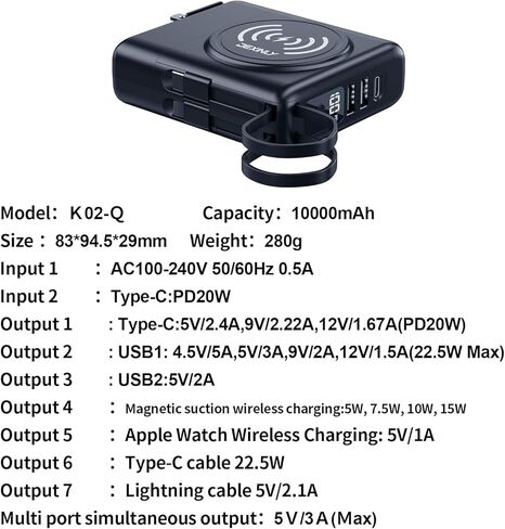 شاحن محمول مع قابس حائط تيار متردد وكابلات مدمجة بقدرة 10000 مللي أمبير في الساعة 5 في 1 USB C مع شاحن لاسلكي 6 مخارج حزمة طاقة مزدوجة المدخلات لشحن هواتف Samsung iPhone Android (أسود) in Saudi Arabia