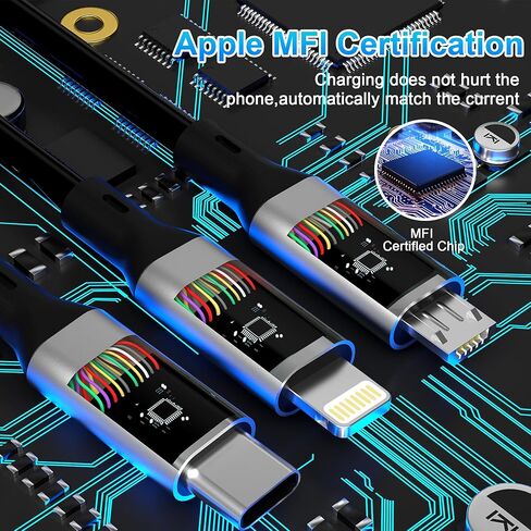كابل شحن متعدد [معتمد من MFi]، كابل شاحن iPhone ملفوف 5 في 1، محول سلك شحن سريع USB متعدد، موصلات منافذ USB ميكرو من النوع C المتوافقة مع الهواتف المحمولة والأجهزة اللوحية in Kuwait