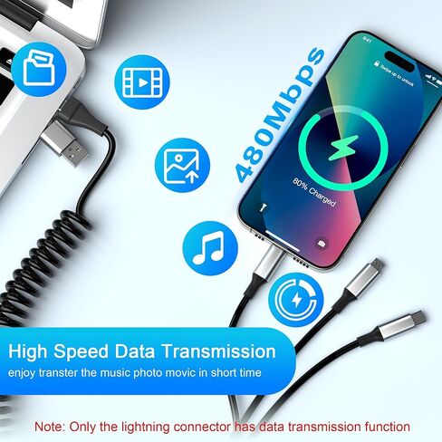 كابل شحن متعدد [معتمد من MFi]، كابل شاحن iPhone ملفوف 5 في 1، محول سلك شحن سريع USB متعدد، موصلات منافذ USB ميكرو من النوع C المتوافقة مع الهواتف المحمولة والأجهزة اللوحية in Kuwait