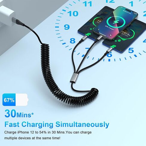 كابل شحن متعدد [معتمد من MFi]، كابل شاحن iPhone ملفوف 5 في 1، محول سلك شحن سريع USB متعدد، موصلات منافذ USB ميكرو من النوع C المتوافقة مع الهواتف المحمولة والأجهزة اللوحية in Kuwait