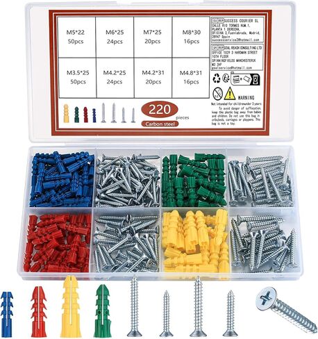 طقم مثبتات ومسامير للجدران الجافة، 220 قطعة من مثبتات الحائط ومسامير للجدران الجافة، مثبتات حائط مضلعة بلاستيكية مع مسامير ذاتية التنصت، براغي ذات رأس مسطح لتعليق صور الحائط الجاف الخرساني in Kuwait