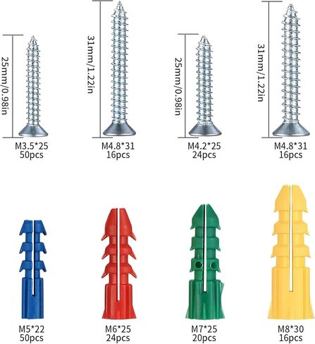 طقم مثبتات ومسامير للجدران الجافة، 220 قطعة من مثبتات الحائط ومسامير للجدران الجافة، مثبتات حائط مضلعة بلاستيكية مع مسامير ذاتية التنصت، براغي ذات رأس مسطح لتعليق صور الحائط الجاف الخرساني in Kuwait