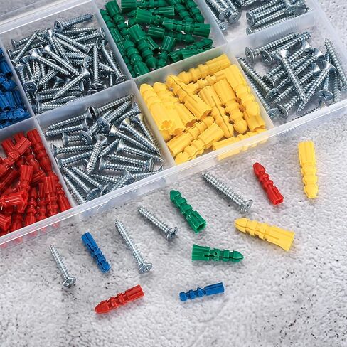 طقم مثبتات ومسامير للجدران الجافة، 220 قطعة من مثبتات الحائط ومسامير للجدران الجافة، مثبتات حائط مضلعة بلاستيكية مع مسامير ذاتية التنصت، براغي ذات رأس مسطح لتعليق صور الحائط الجاف الخرساني in Kuwait