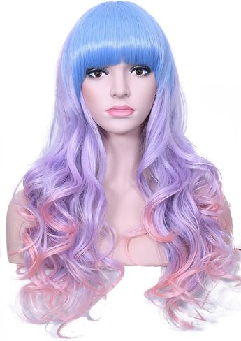 Long Rainbow Unicorn Wavy Wigs Multi-color Heat Resistant Hair with Blunt Bangs Harajuku Style Cosplay Halloween Wigs(Light Blue/Purple/Pink) in Saudi Arabia