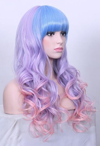 Long Rainbow Unicorn Wavy Wigs Multi-color Heat Resistant Hair with Blunt Bangs Harajuku Style Cosplay Halloween Wigs(Light Blue/Purple/Pink) in Saudi Arabia