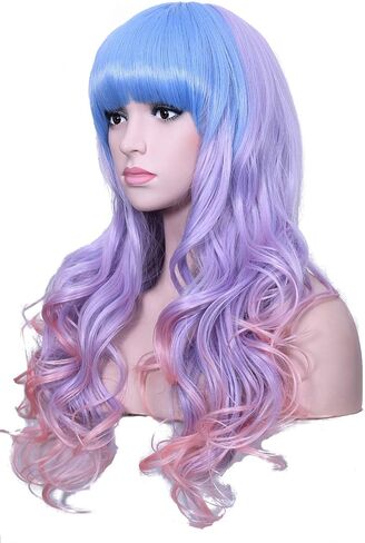 Long Rainbow Unicorn Wavy Wigs Multi-color Heat Resistant Hair with Blunt Bangs Harajuku Style Cosplay Halloween Wigs(Light Blue/Purple/Pink) in Saudi Arabia