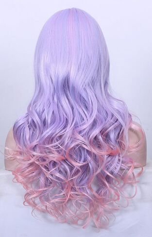 Long Rainbow Unicorn Wavy Wigs Multi-color Heat Resistant Hair with Blunt Bangs Harajuku Style Cosplay Halloween Wigs(Light Blue/Purple/Pink) in Saudi Arabia