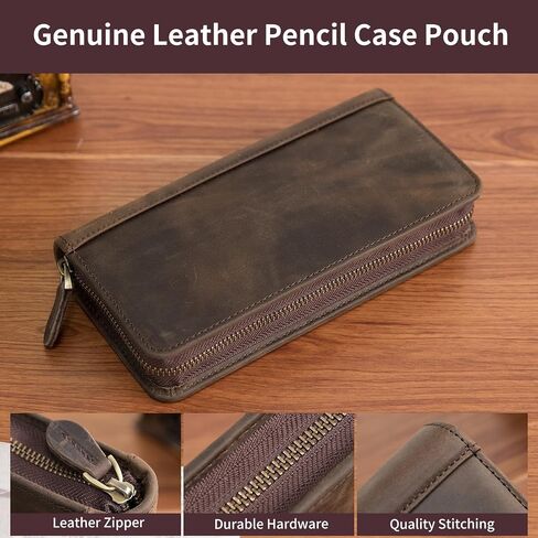 Genuine Leather Fountain Pen Case - Zippered Ballpoint Pen Pouch Bag with 4 Loops Holder, Inside Open Slot, Handmade Soft Cowhide, Vintage Stationery Gift for Men and Women, Dark Brown in Saudi Arabia