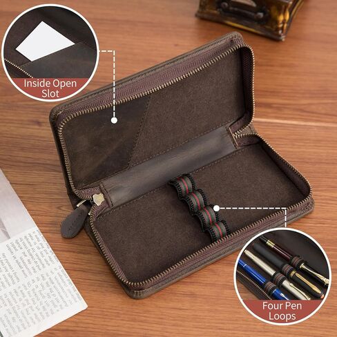 Genuine Leather Fountain Pen Case - Zippered Ballpoint Pen Pouch Bag with 4 Loops Holder, Inside Open Slot, Handmade Soft Cowhide, Vintage Stationery Gift for Men and Women, Dark Brown in Saudi Arabia