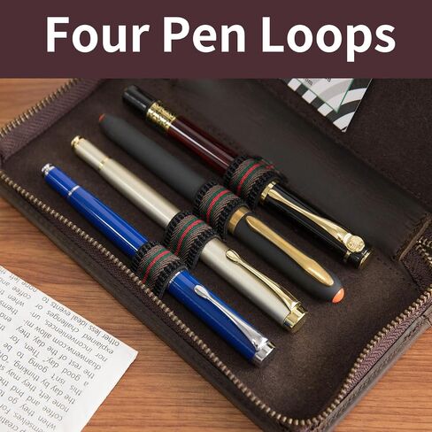 Genuine Leather Fountain Pen Case - Zippered Ballpoint Pen Pouch Bag with 4 Loops Holder, Inside Open Slot, Handmade Soft Cowhide, Vintage Stationery Gift for Men and Women, Dark Brown in Saudi Arabia