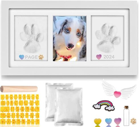 Sofunii Cat or Dog Paw Print Kit Keepsake,Pet Solid Wood Memorial Picture Frame with 2 Clay&Trinkets,Personalized Gift Tabletop or Wall Impression Kit for Pet Lovers-White in Saudi Arabia