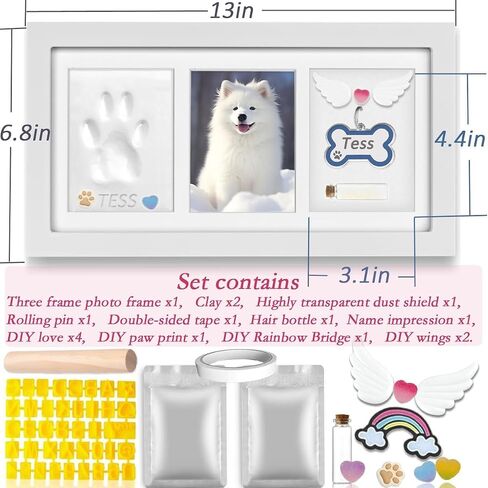 Sofunii Cat or Dog Paw Print Kit Keepsake,Pet Solid Wood Memorial Picture Frame with 2 Clay&Trinkets,Personalized Gift Tabletop or Wall Impression Kit for Pet Lovers-White in Saudi Arabia