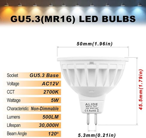 ALIDE MR16 مصابيح الفيضانات LED 5 وات، استبدل الهالوجين 50 وات، زاوية واسعة 120 درجة شعاع، GU5.3 ثنائي الدبوس 2700 ك أبيض دافئ، 12 فولت MR16 لمبة LED لتتبع الفيضانات العلوية، إضاءة المناظر الطبيعية، 6 عبوات in Kuwait
